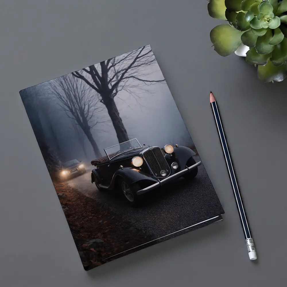 Dark Classic Car on Foggy Forest Road – Notebooks