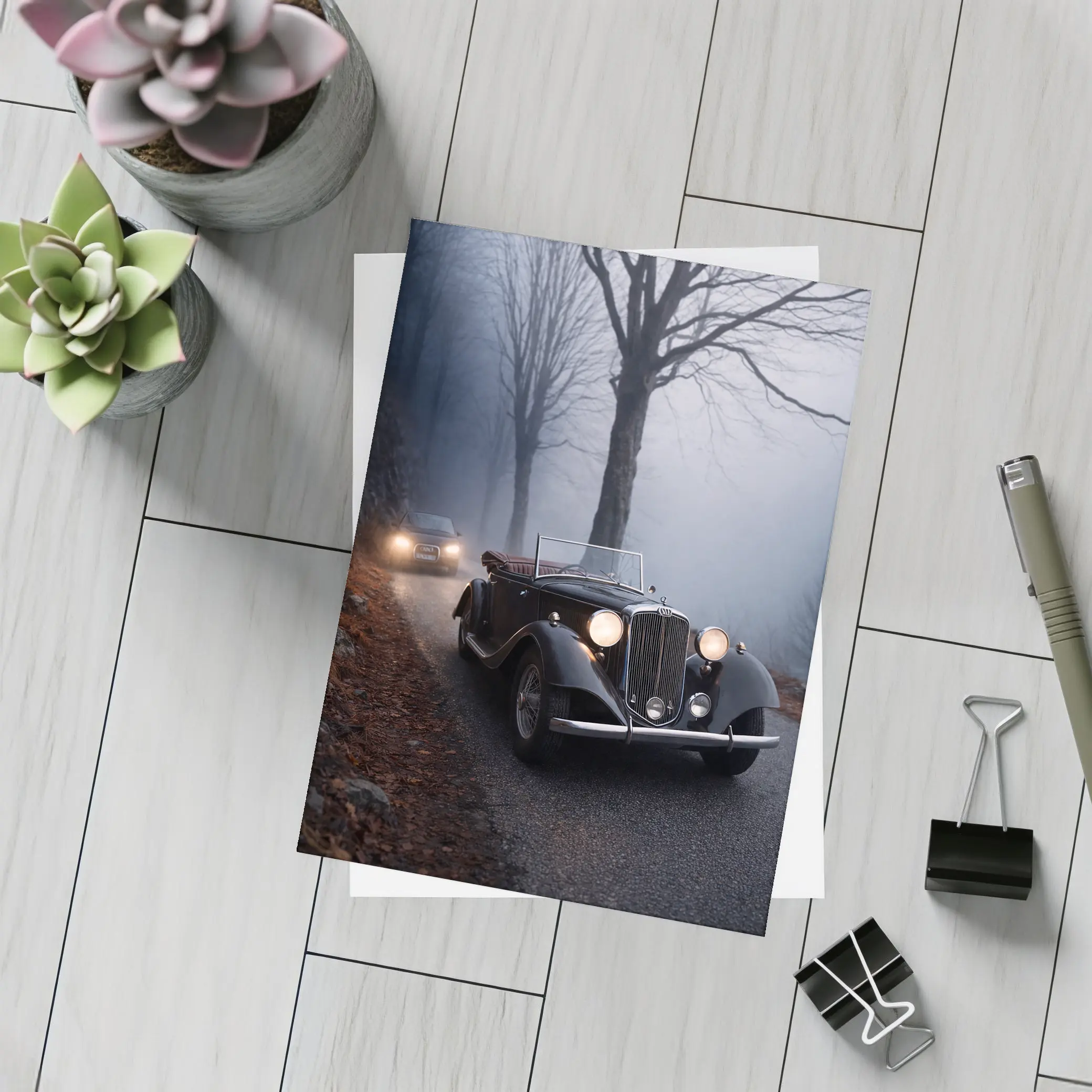 Dark Classic Car on Foggy Forest Road – Postcards