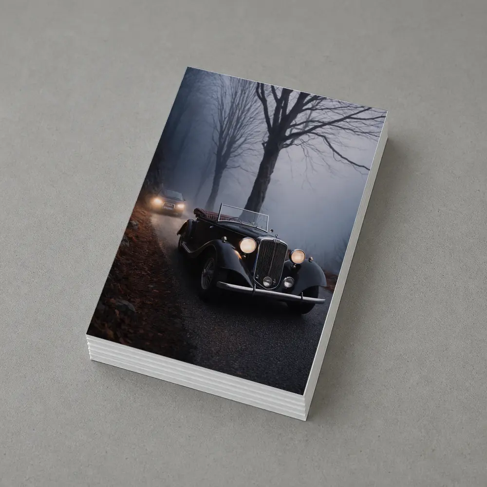 Dark Classic Car on Foggy Forest Road – Postcards