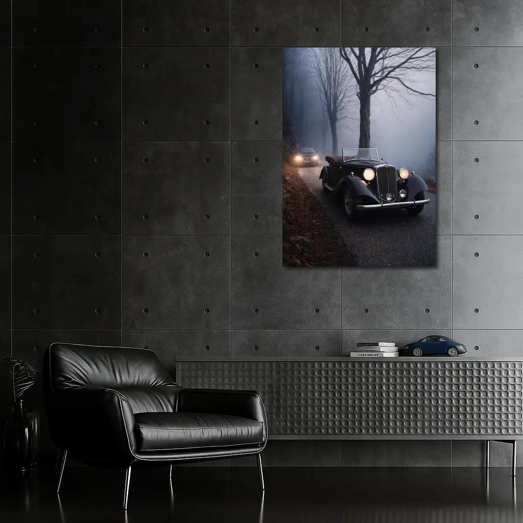 Dark Classic Car on Foggy Forest Road – Wall Art