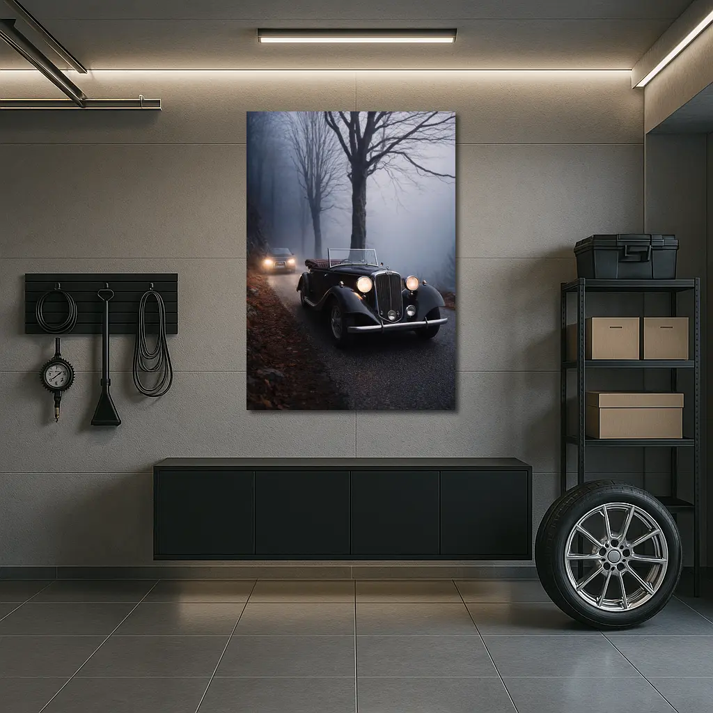 Dark Classic Car on Foggy Forest Road – Wall Art