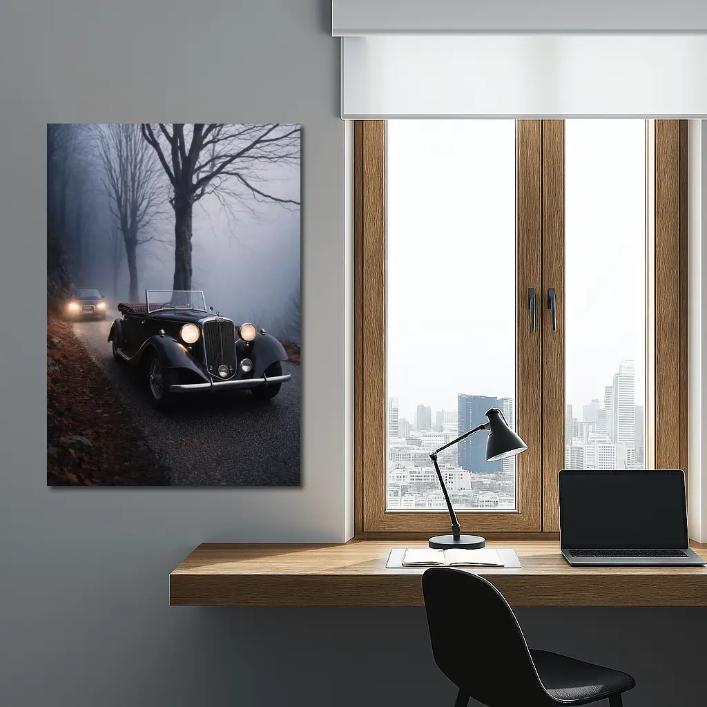 Dark Classic Car on Foggy Forest Road – Wall Art