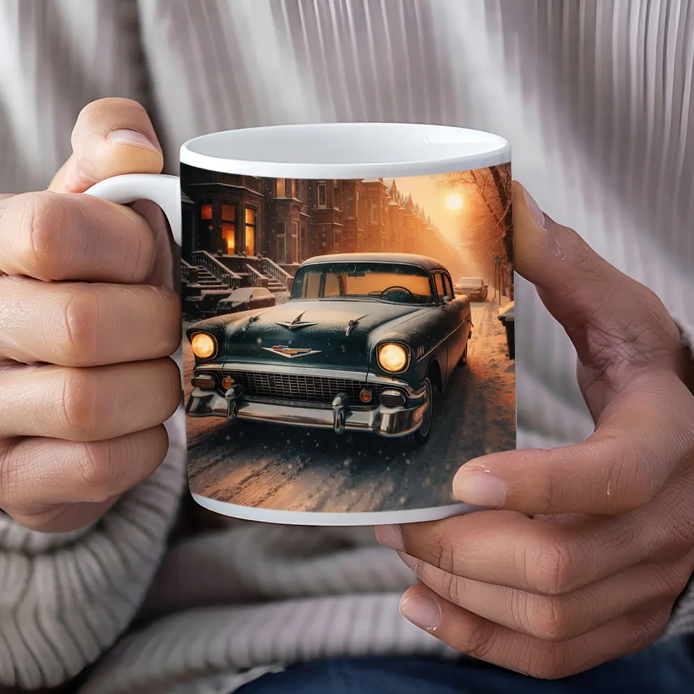 Chevrolet Bel Air Snowy Winter Street Scene – Mugs