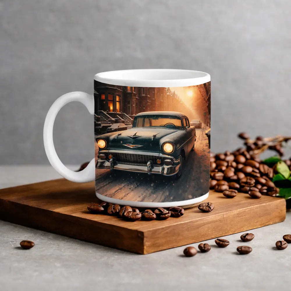Chevrolet Bel Air Snowy Winter Street Scene – Mugs