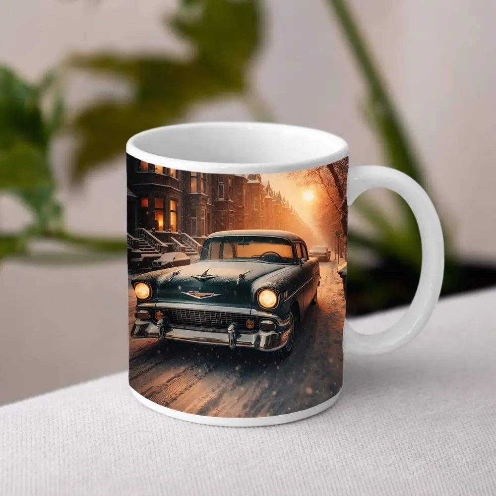 Chevrolet Bel Air Snowy Winter Street Scene – Mugs