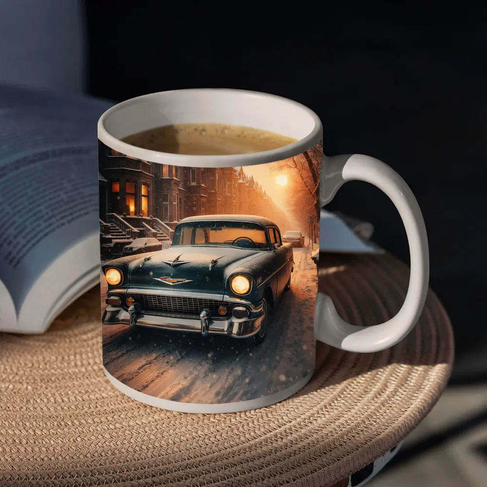Chevrolet Bel Air Snowy Winter Street Scene – Mugs