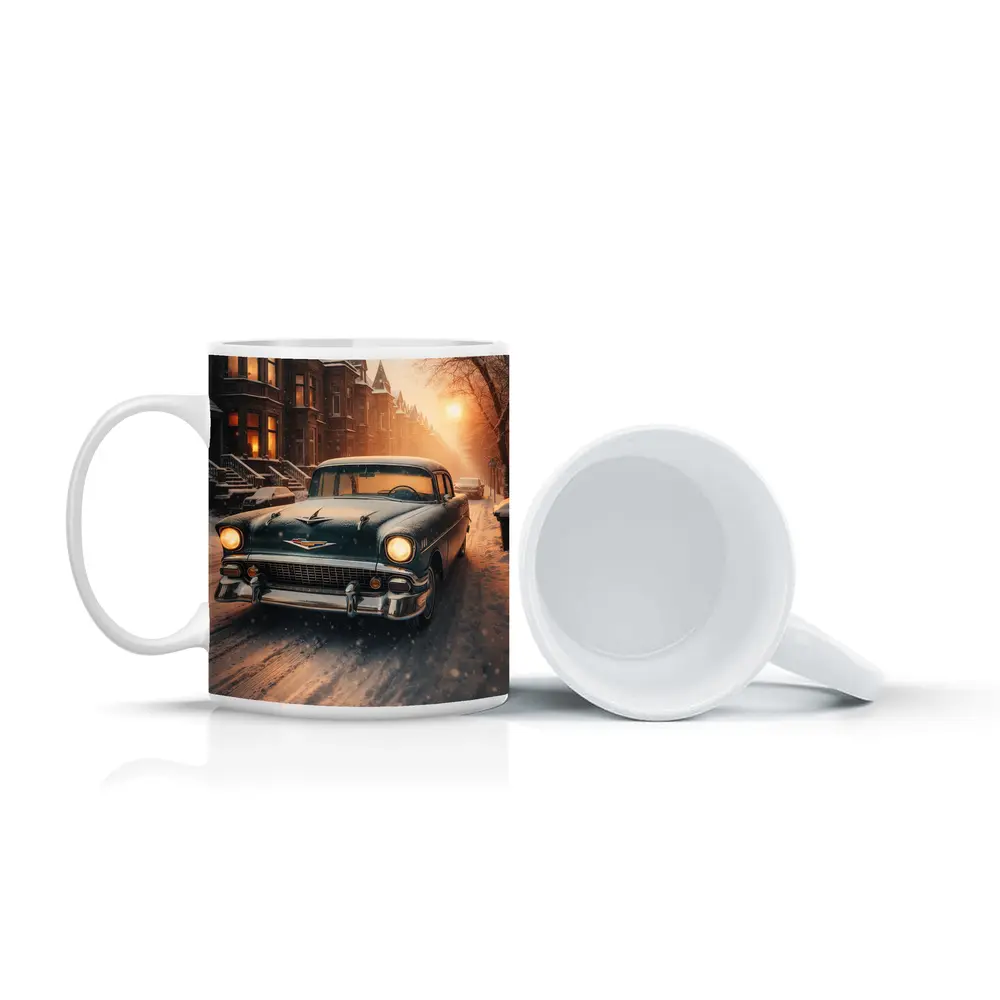 Chevrolet Bel Air Snowy Winter Street Scene – Mugs
