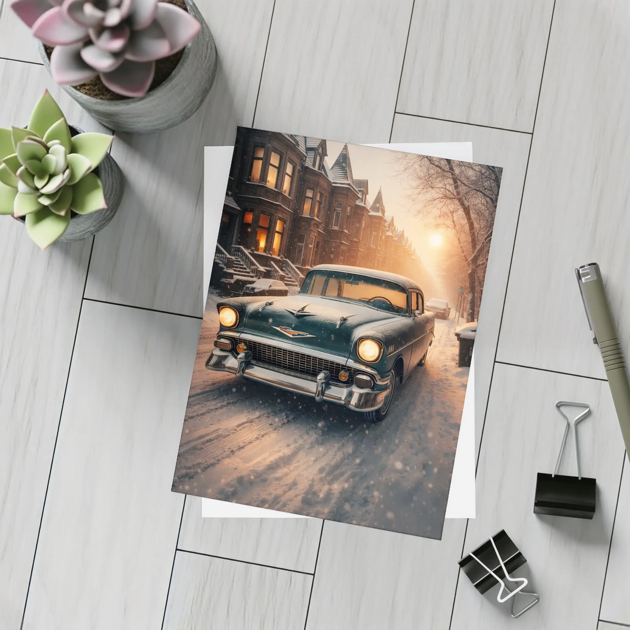 Chevrolet Bel Air Snowy Winter Street Scene – Postcards