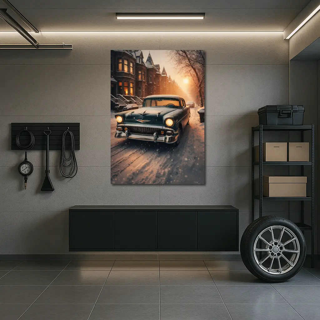 Chevrolet Bel Air Snowy Winter Street Scene – Wall Art