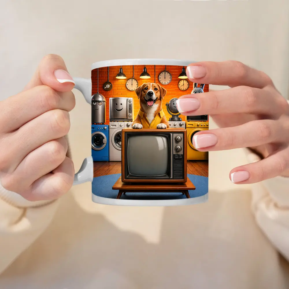 Happy Dog Retro TV Cartoon Appliances Room – Mugs