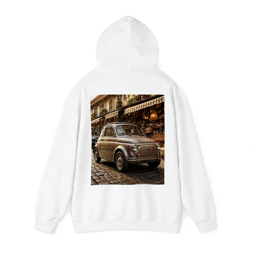 Classic Fiat 500 Parked On Cobblestone Street – Hoodies
