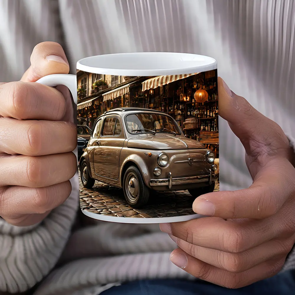 Classic Fiat 500 Parked On Cobblestone Street – Mugs