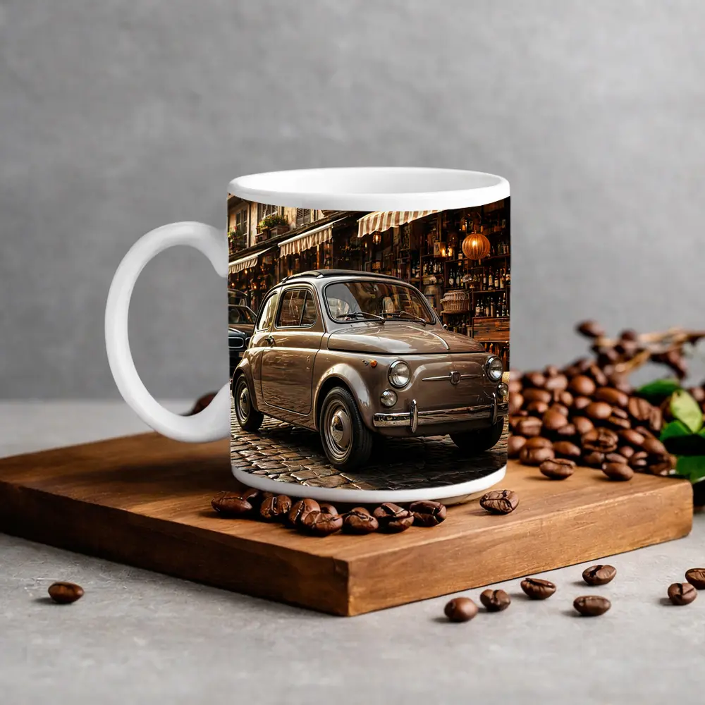 Classic Fiat 500 Parked On Cobblestone Street – Mugs