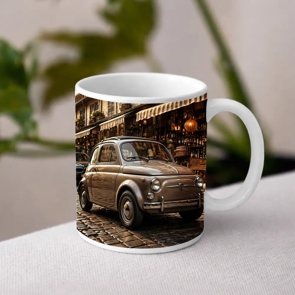 Classic Fiat 500 Parked On Cobblestone Street – Mugs