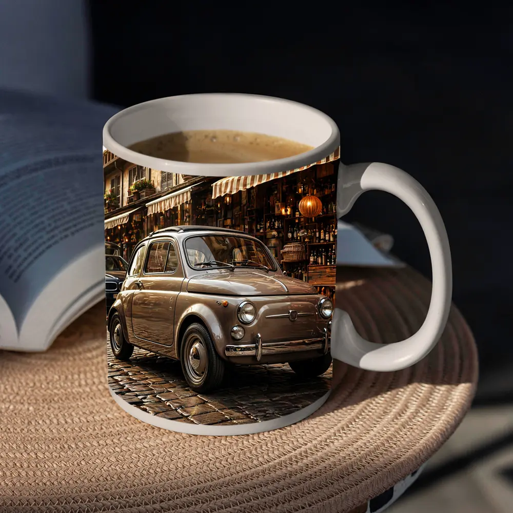 Classic Fiat 500 Parked On Cobblestone Street – Mugs