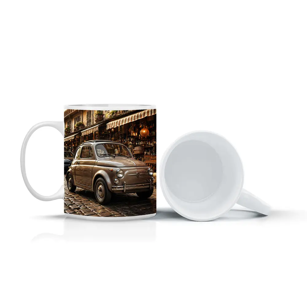 Classic Fiat 500 Parked On Cobblestone Street – Mugs