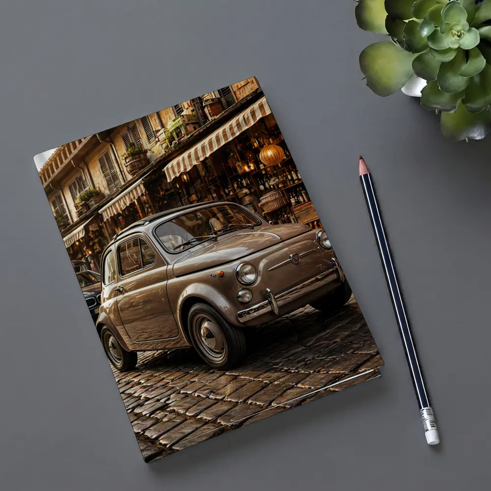 Classic Fiat 500 Parked On Cobblestone Street – Notebooks