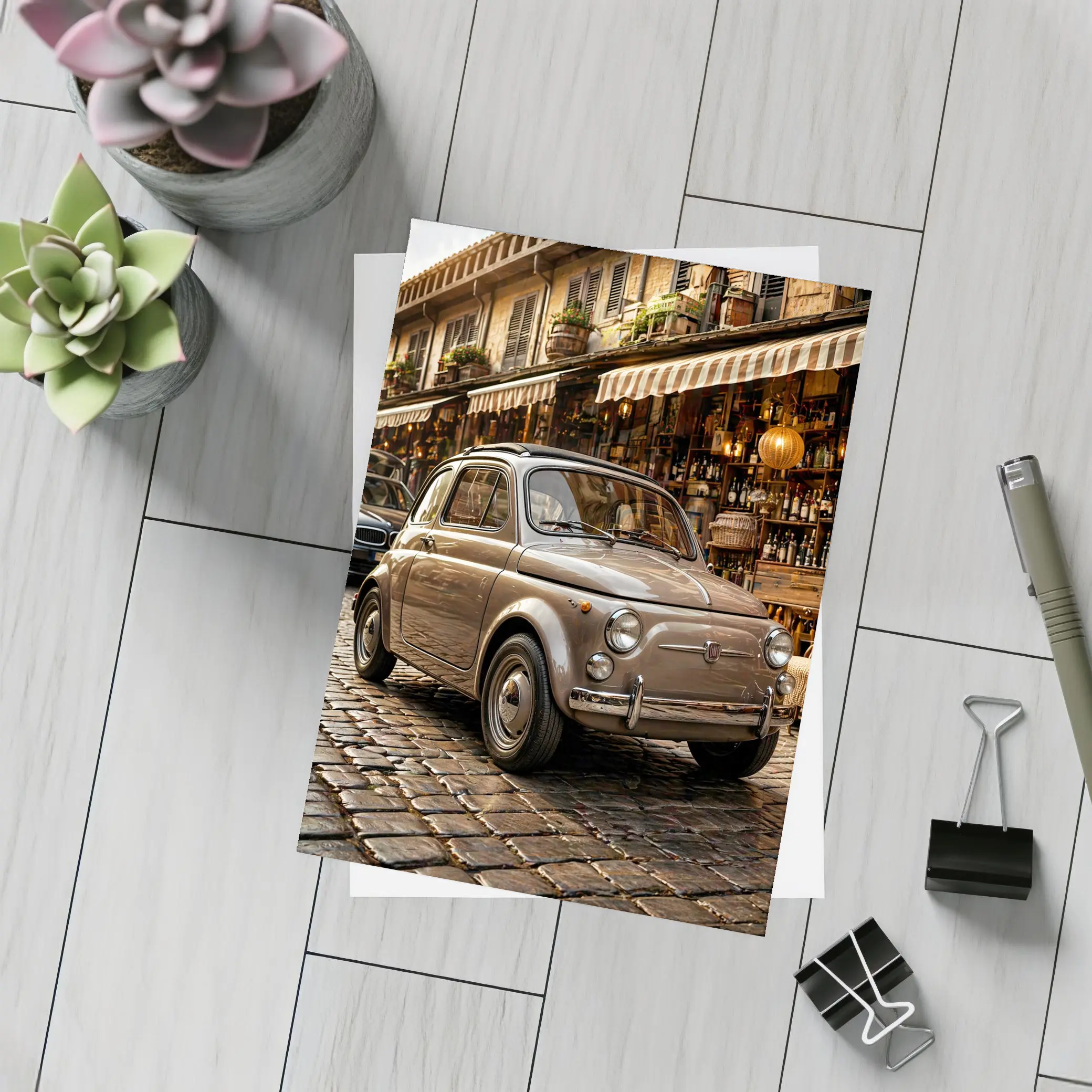 Classic Fiat 500 Parked On Cobblestone Street – Postcards