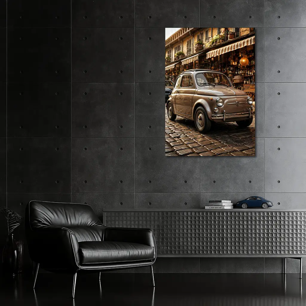 Classic Fiat 500 Parked On Cobblestone Street – Wall Art