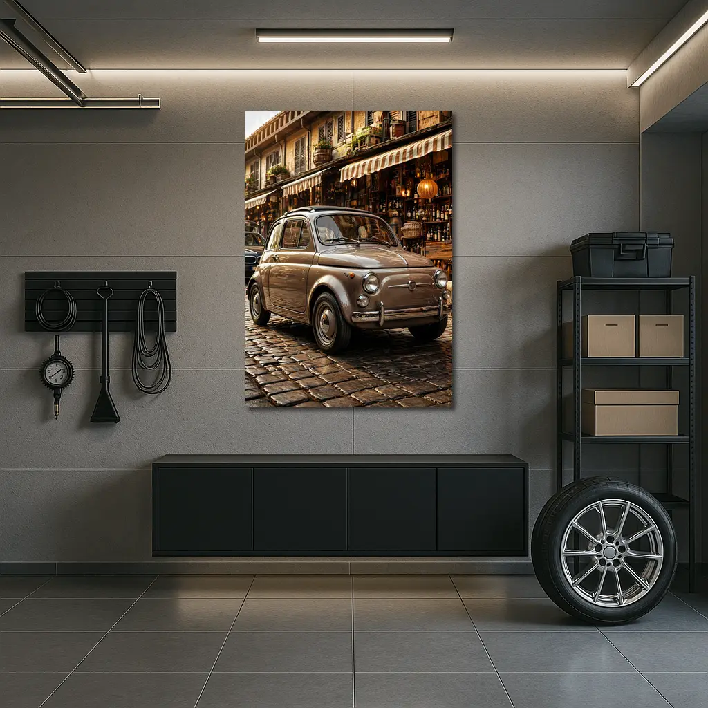 Classic Fiat 500 Parked On Cobblestone Street – Wall Art