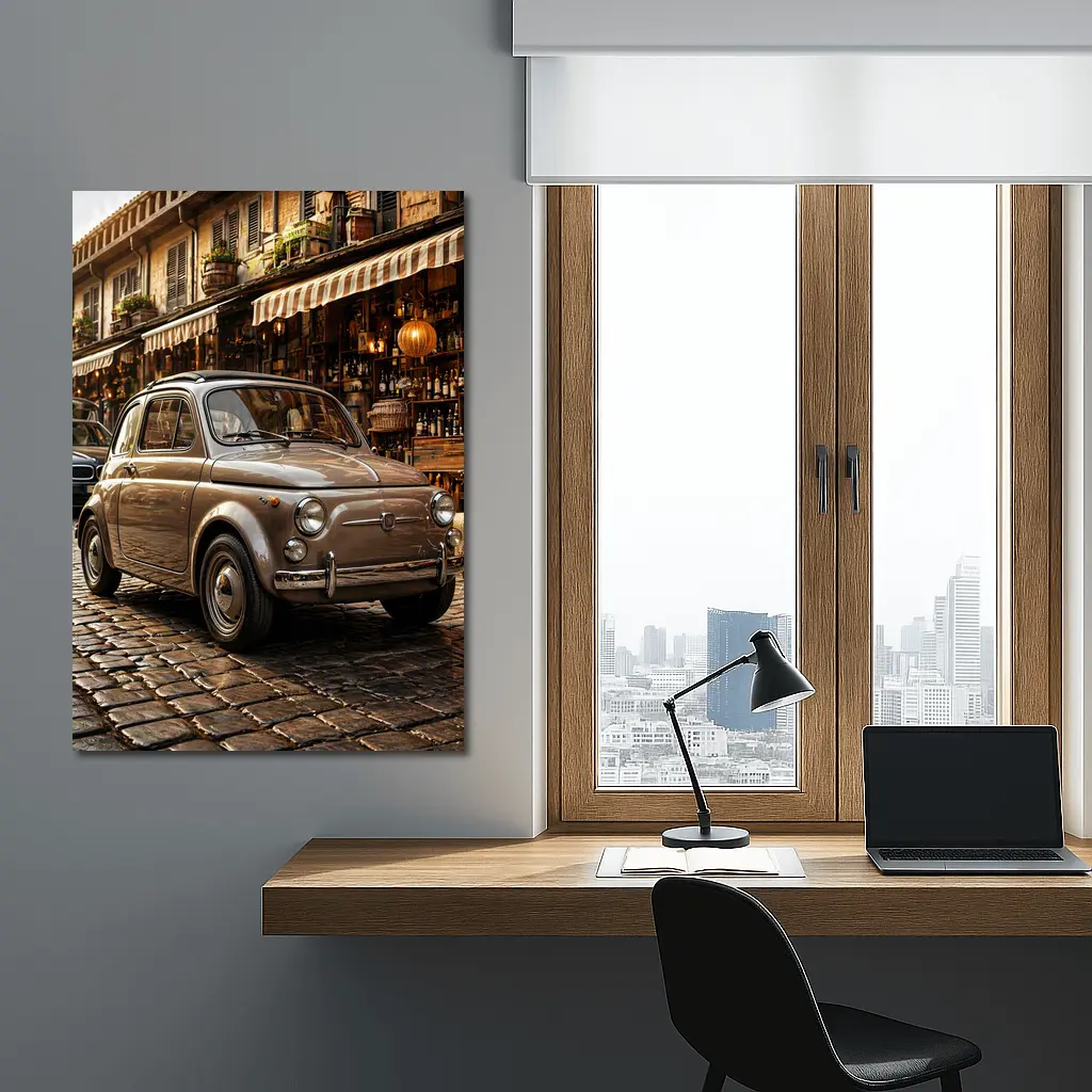 Classic Fiat 500 Parked On Cobblestone Street – Wall Art