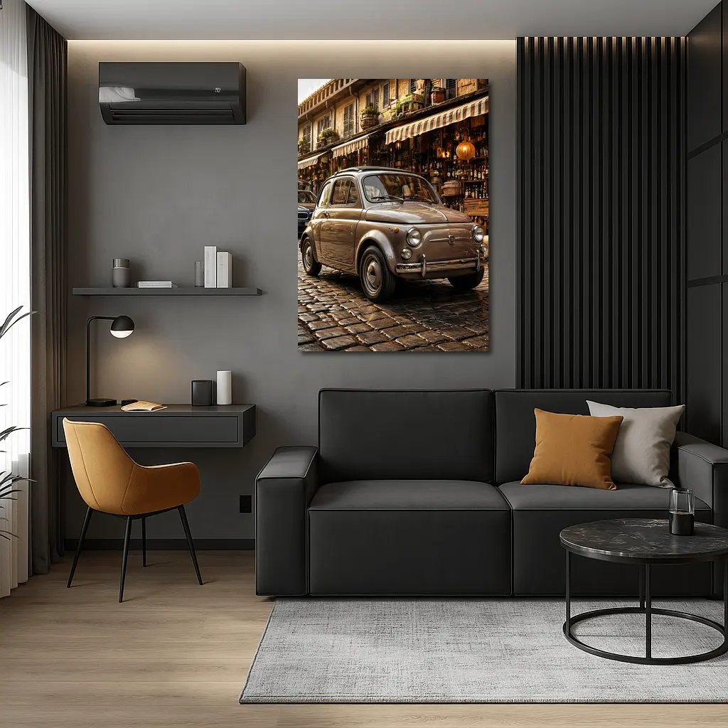 Classic Fiat 500 Parked On Cobblestone Street – Wall Art