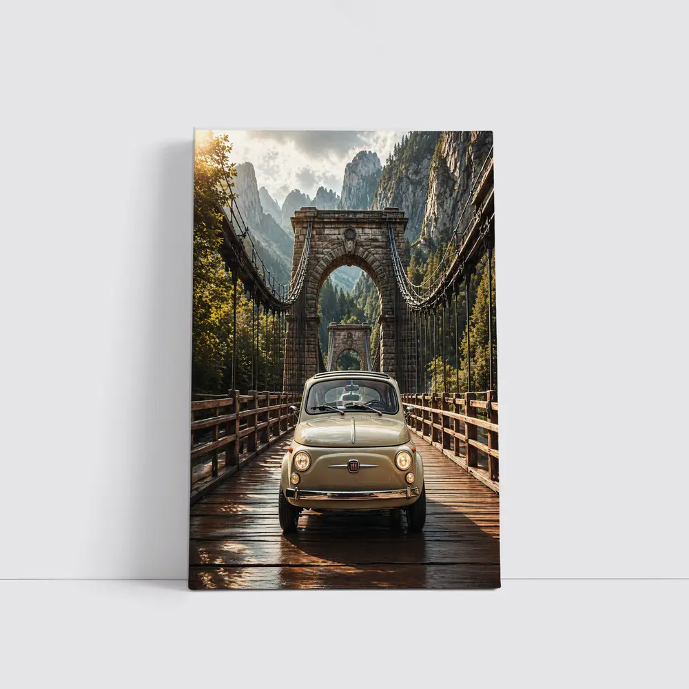 Fiat 500 Classic Car On Mountain Bridge – Wall Art