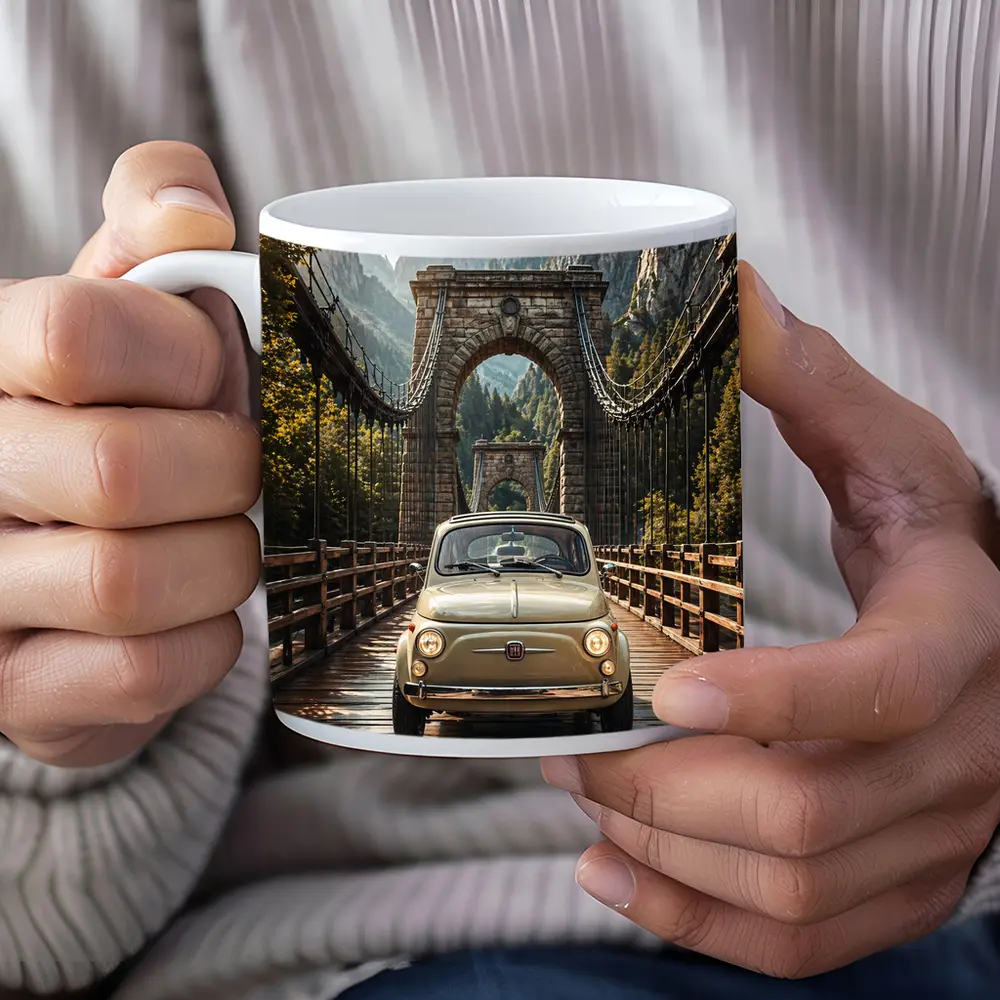 Fiat 500 Classic Car On Mountain Bridge – Mugs