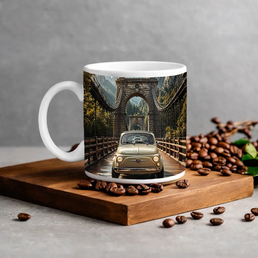 Fiat 500 Classic Car On Mountain Bridge – Mugs