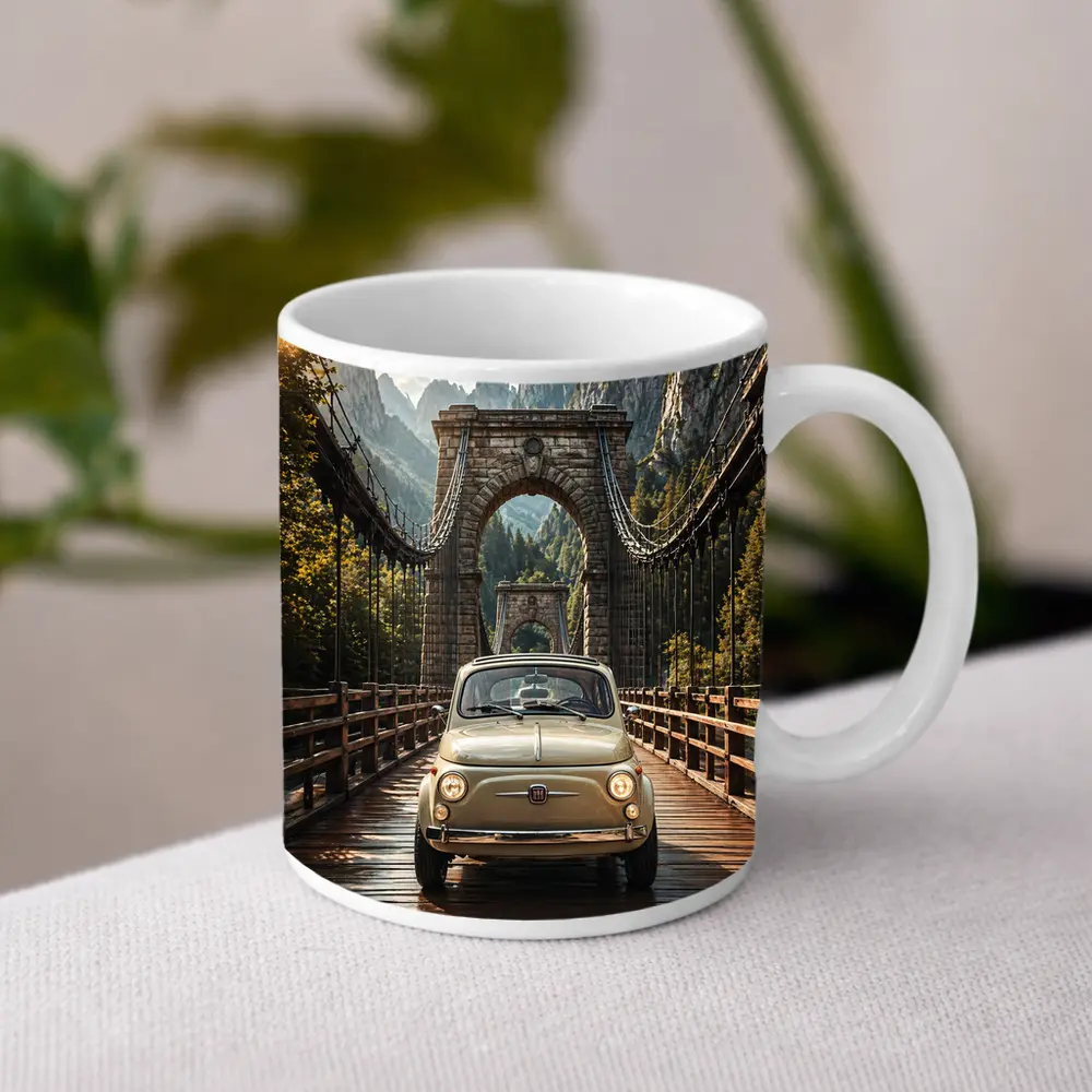 Fiat 500 Classic Car On Mountain Bridge – Mugs