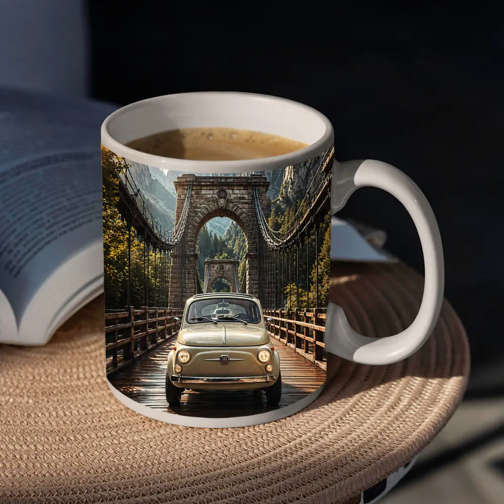 Fiat 500 Classic Car On Mountain Bridge – Mugs