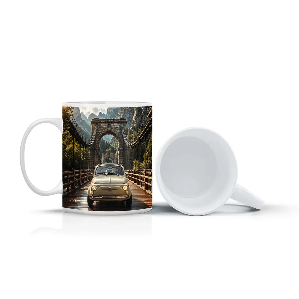 Fiat 500 Classic Car On Mountain Bridge – Mugs
