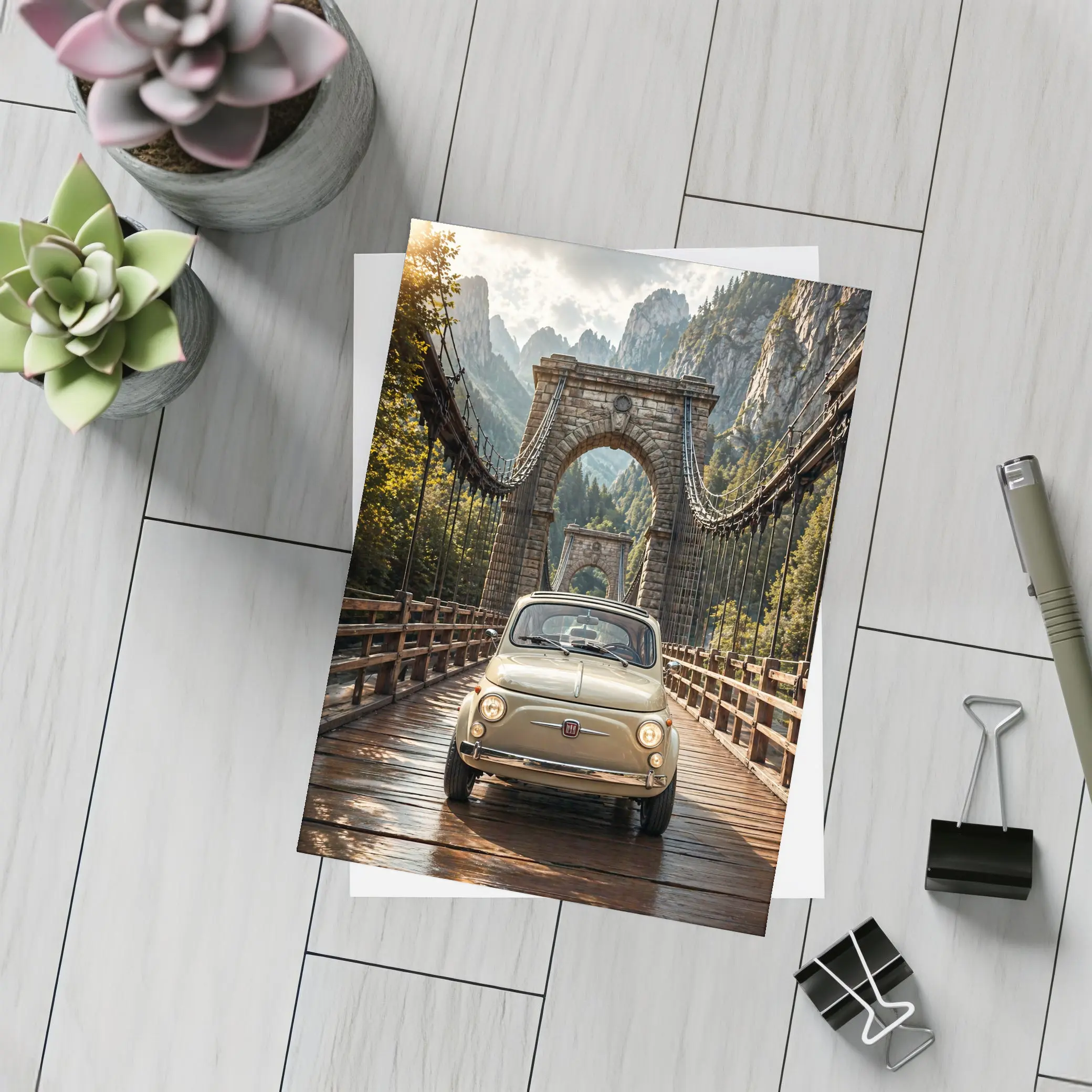 Fiat 500 Classic Car On Mountain Bridge – Postcards