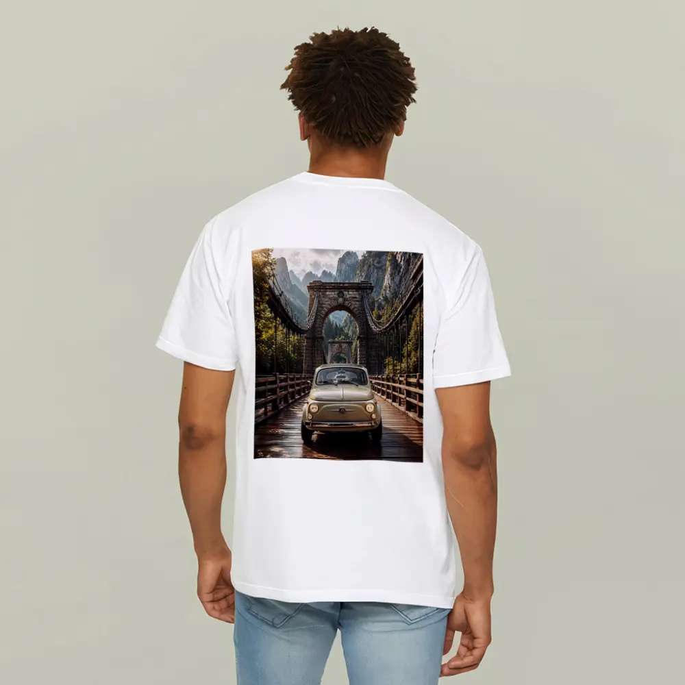 Fiat 500 Classic Car On Mountain Bridge – T-Shirts