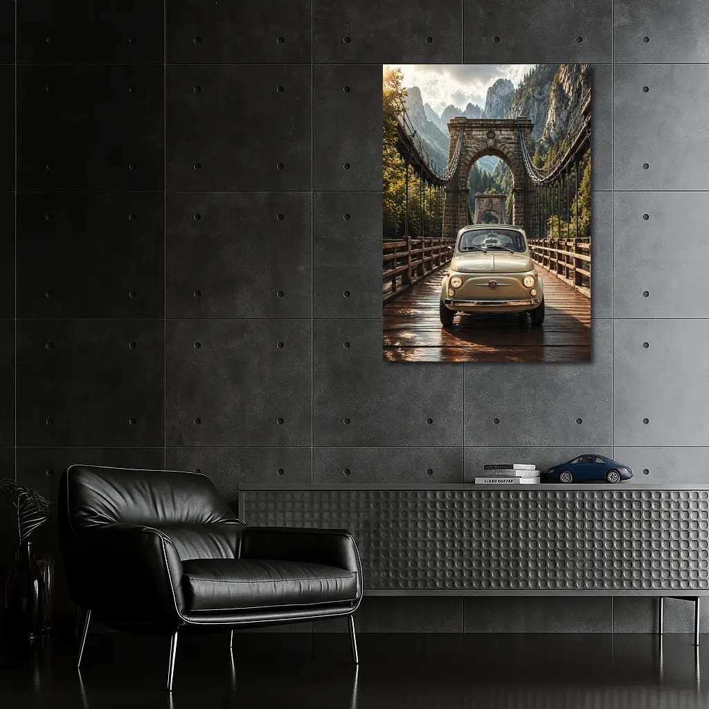 Fiat 500 Classic Car On Mountain Bridge – Wall Art
