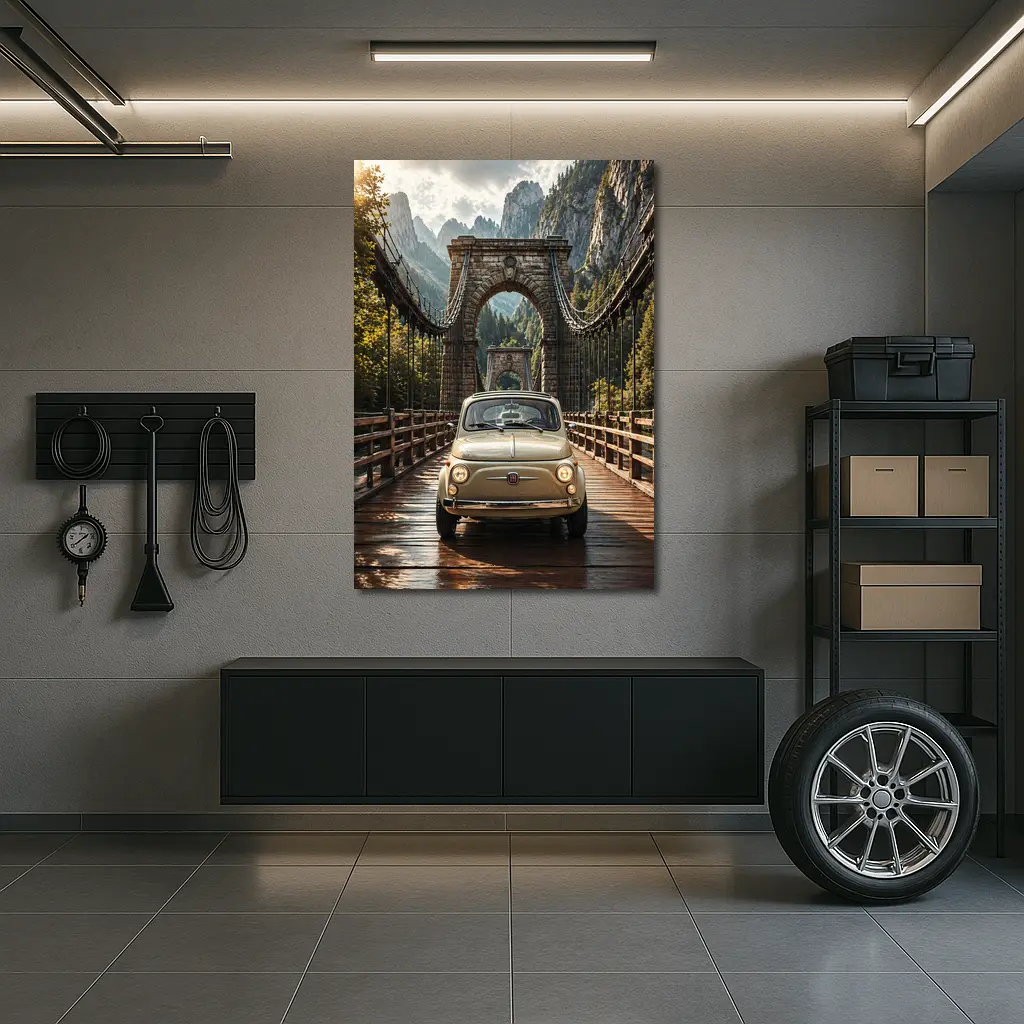 Fiat 500 Classic Car On Mountain Bridge – Wall Art