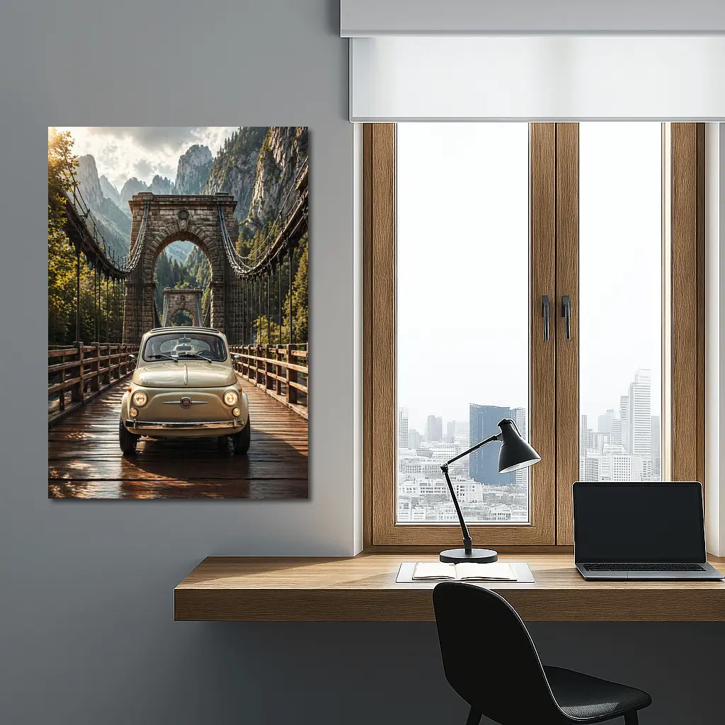Fiat 500 Classic Car On Mountain Bridge – Wall Art
