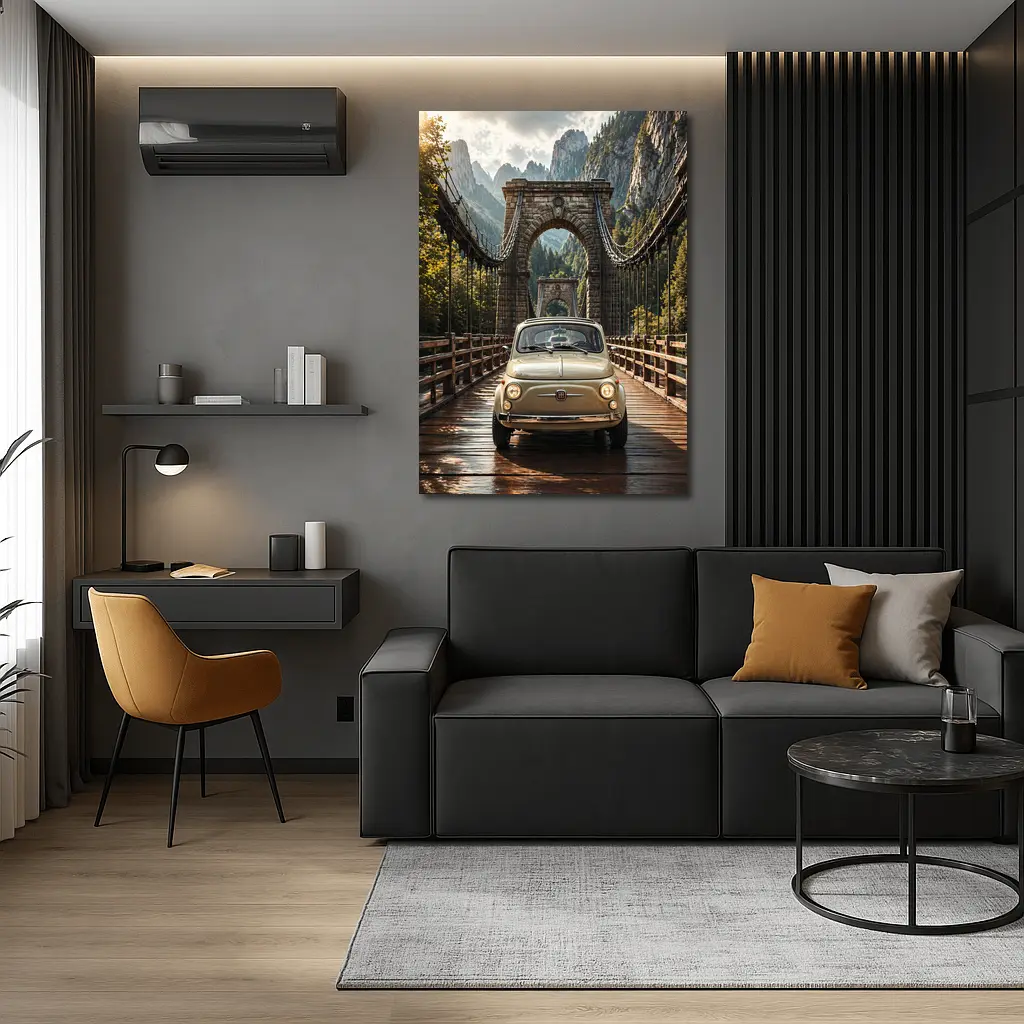 Fiat 500 Classic Car On Mountain Bridge – Wall Art