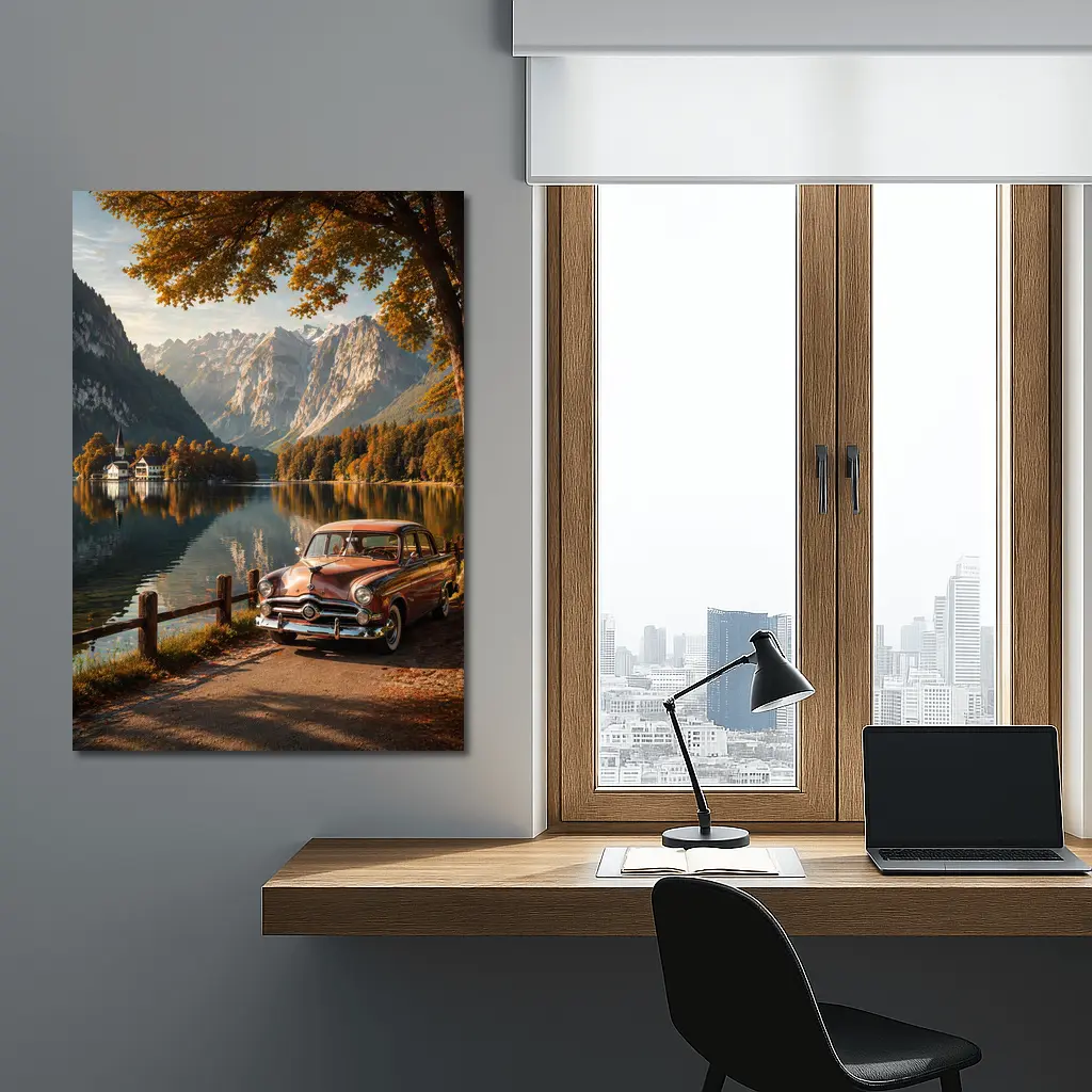 Retro Ford Classic Car Alpine Lake – Wall Art