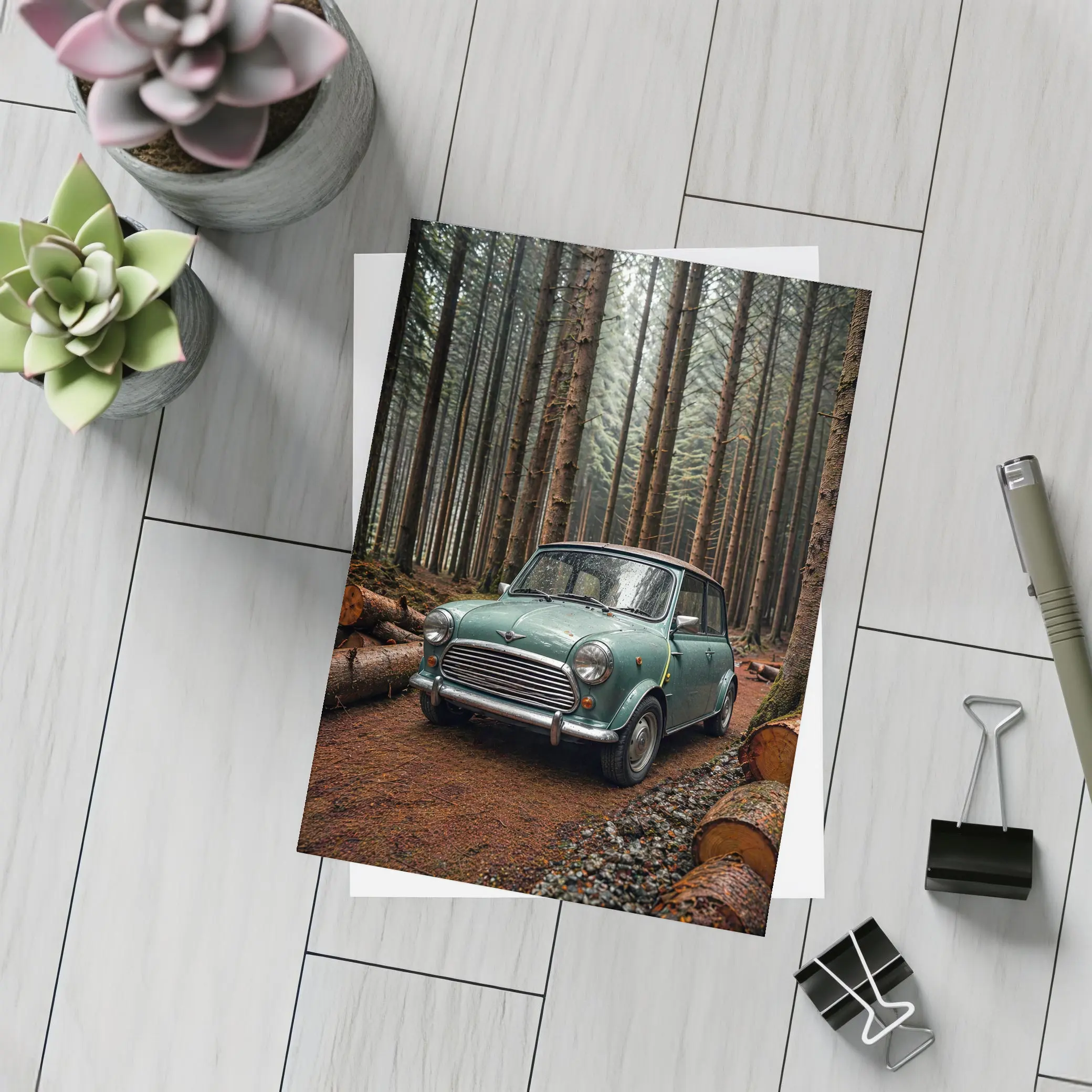 Classic Mini Cooper in Dark Forest – Postcards