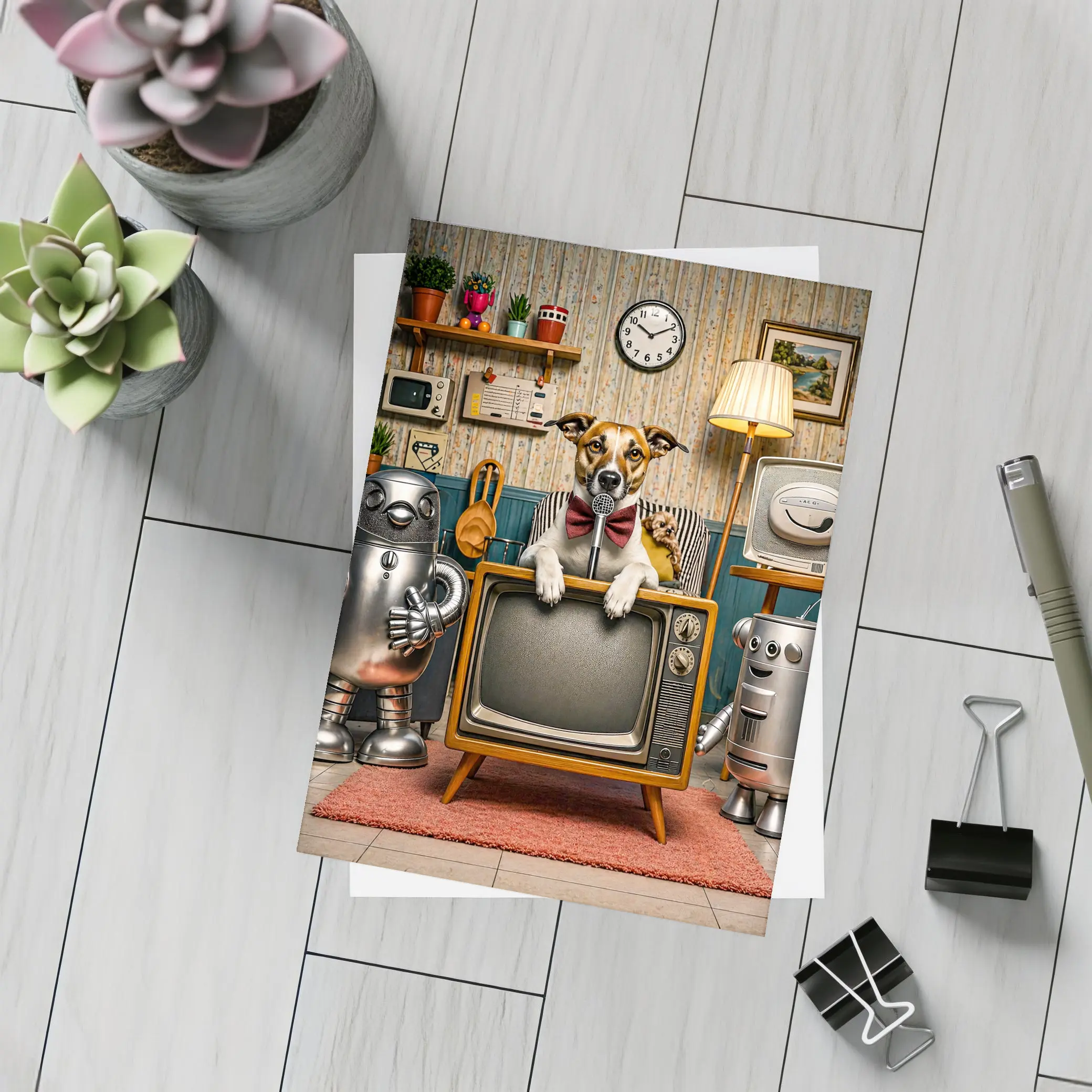 Jack Russell Dog Retro TV Room Robots – Postcards