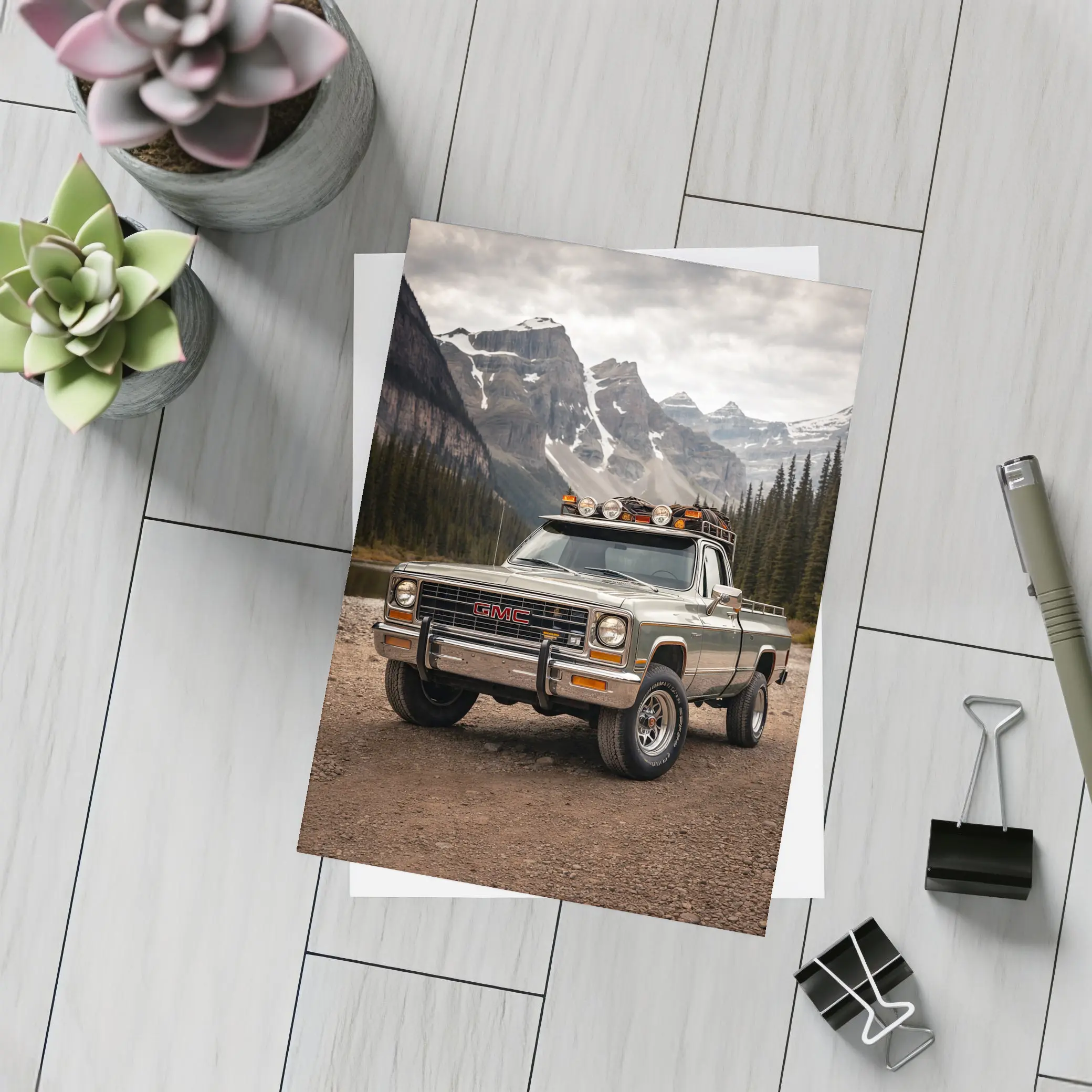 Classic GMC Truck Snow Mountain Backdrop – Postcards