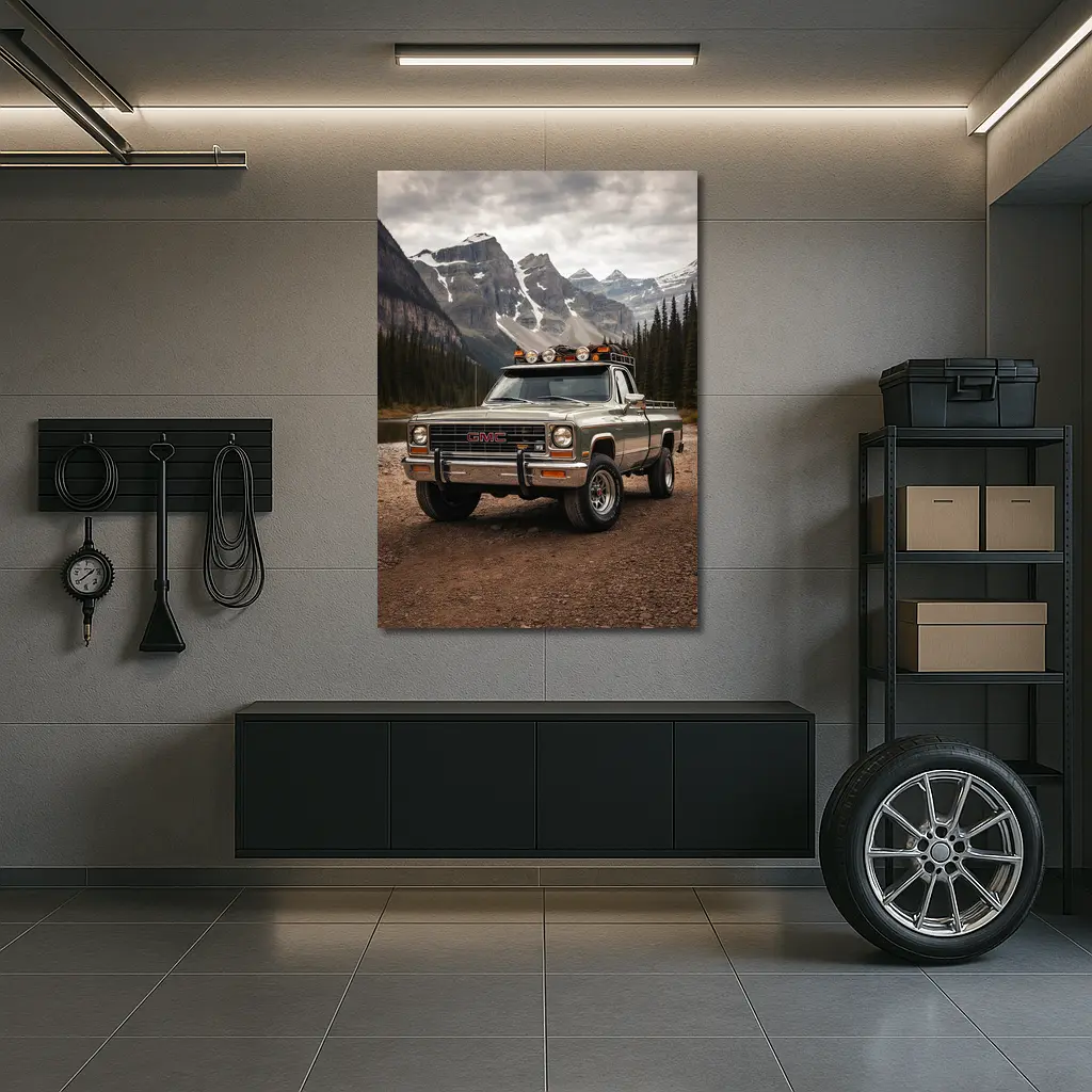 Classic GMC Truck Snow Mountain Backdrop – Wall Art