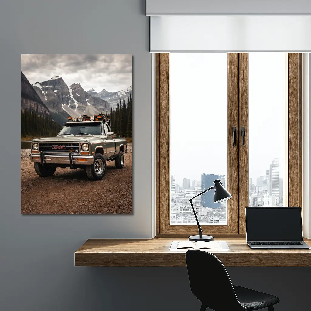 Classic GMC Truck Snow Mountain Backdrop – Wall Art