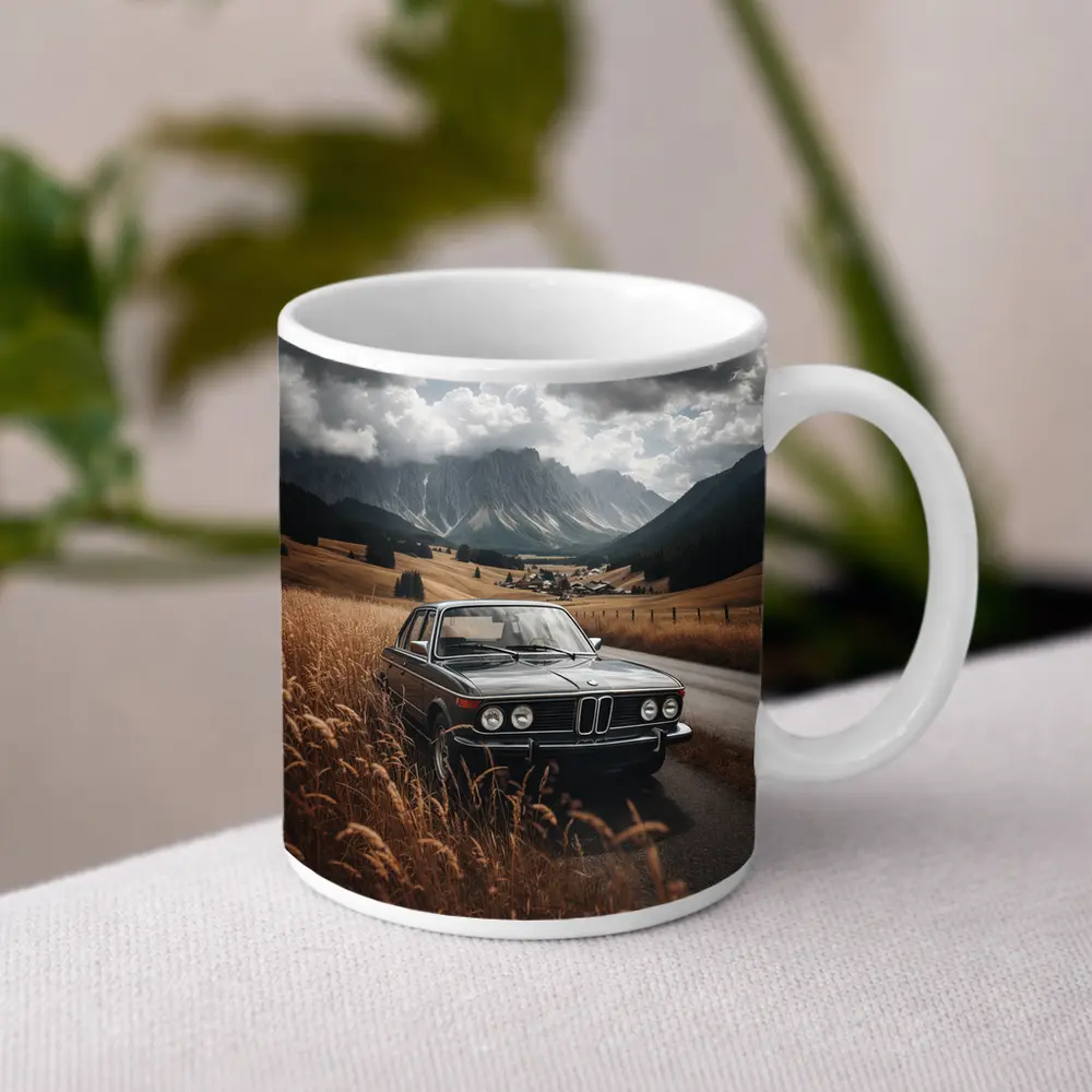 Classic BMW Sedan Mountain Valley Road – Mugs