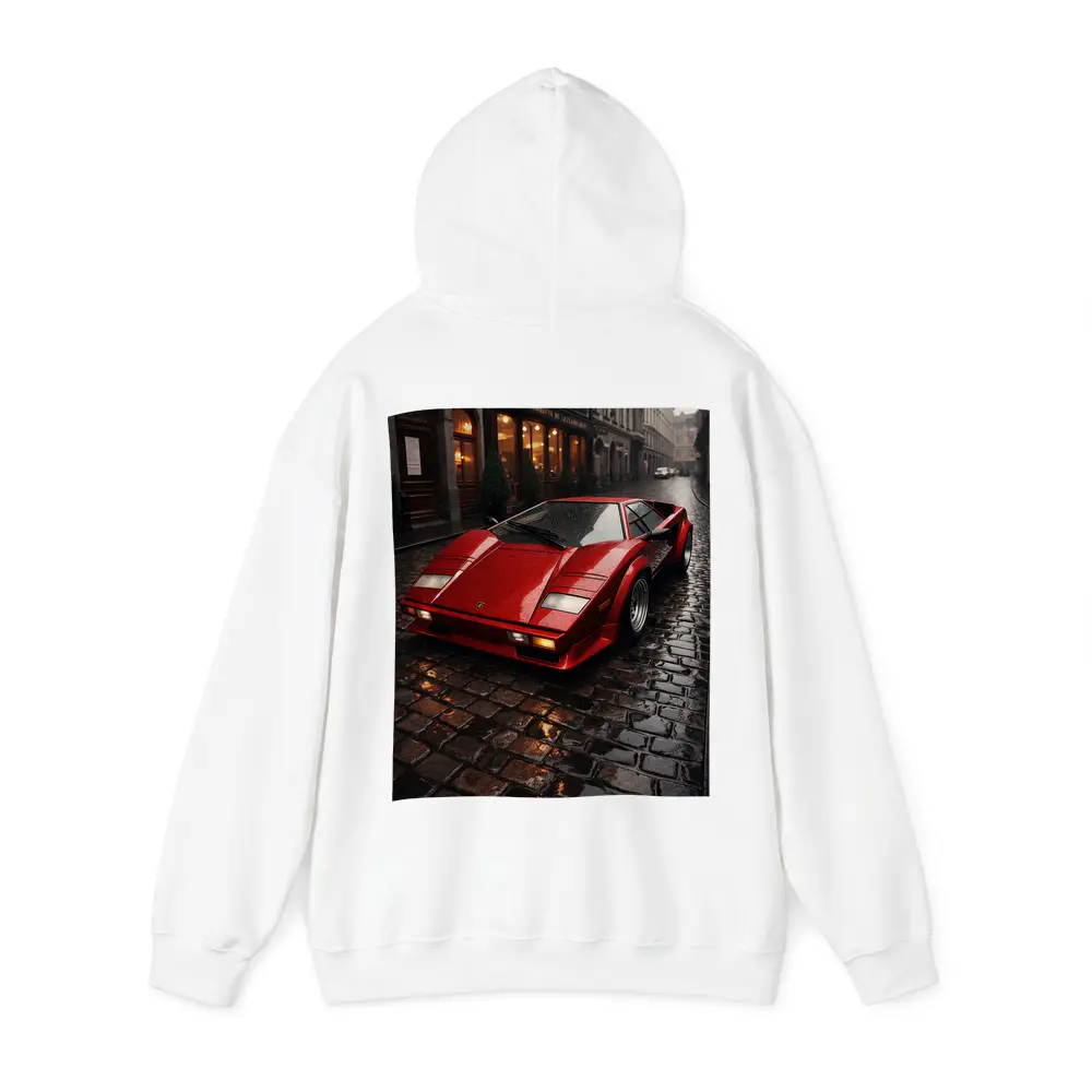 Red Lamborghini Countach Wet Cobblestone Street – Hoodies