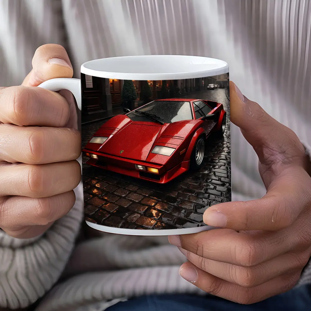 Red Lamborghini Countach Wet Cobblestone Street – Mugs