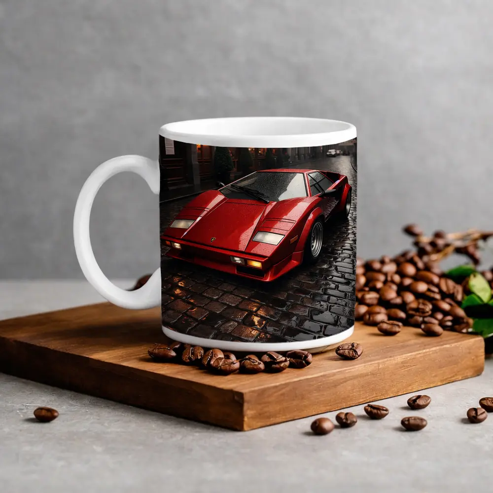 Red Lamborghini Countach Wet Cobblestone Street – Mugs