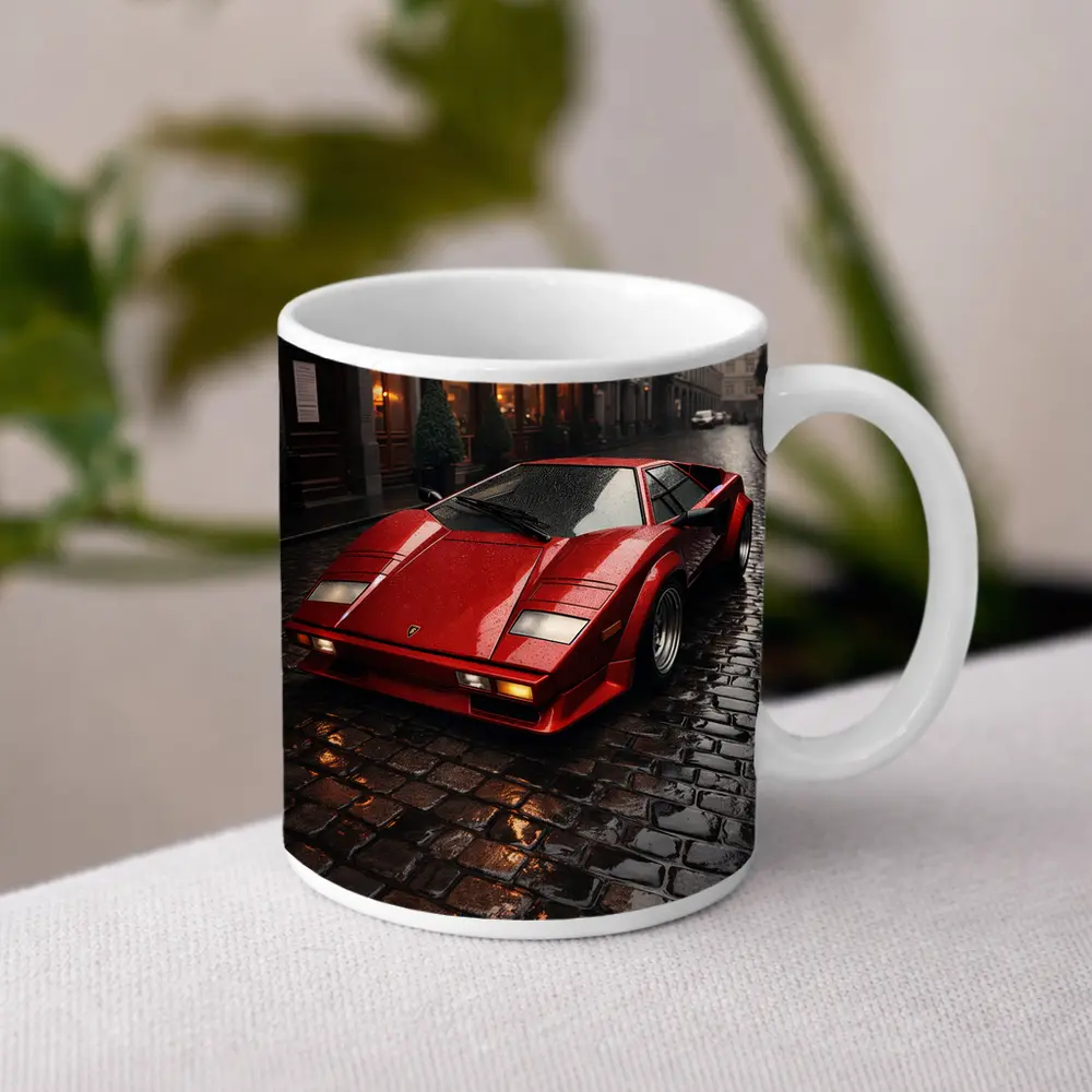 Red Lamborghini Countach Wet Cobblestone Street – Mugs