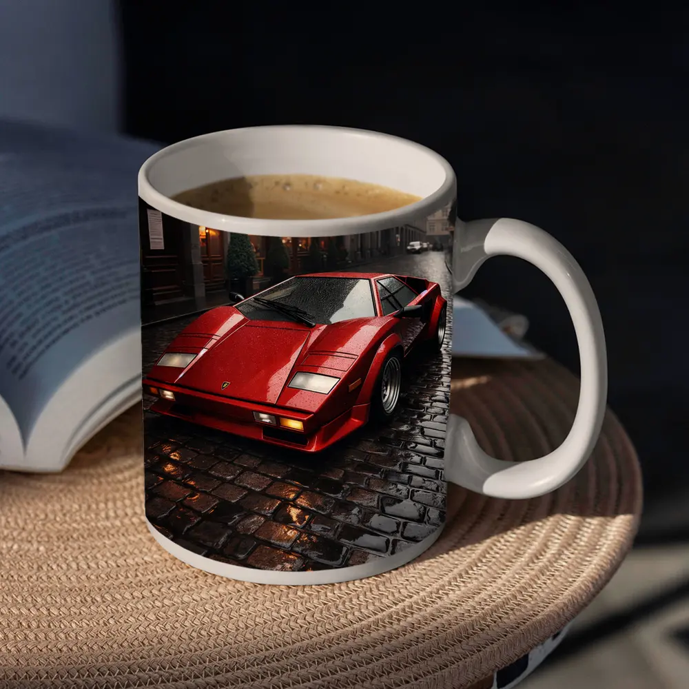 Red Lamborghini Countach Wet Cobblestone Street – Mugs